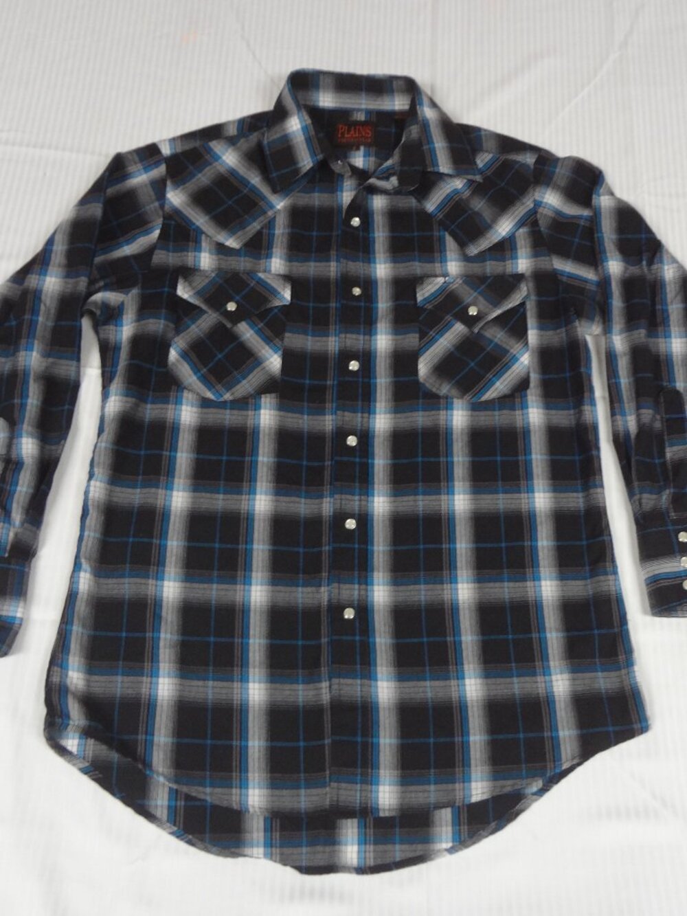 PLAINS WESTERN WEAR PEARL SNAP PLAID BLACK BLUE GRAY BUTTON UP SMALL SHIRT M49